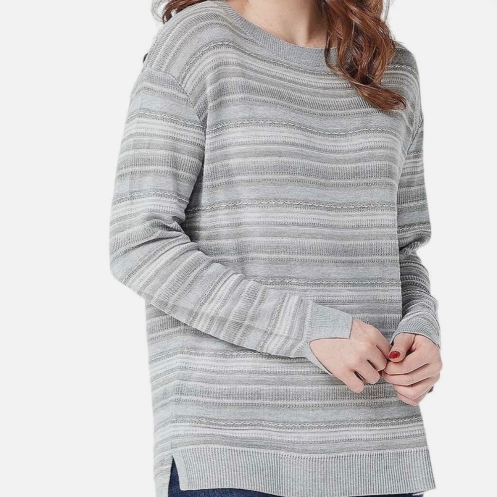 New Women’s Sweater Cozy Pullover Scoop Neckline Laurie Felt Striped Lt Grey XXS